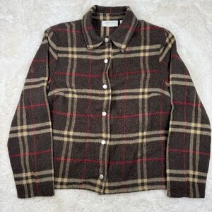 Lemon Grass Vintage Wool Blend Snap Up Brown Plaid Jacket Shoulder Pads Medium